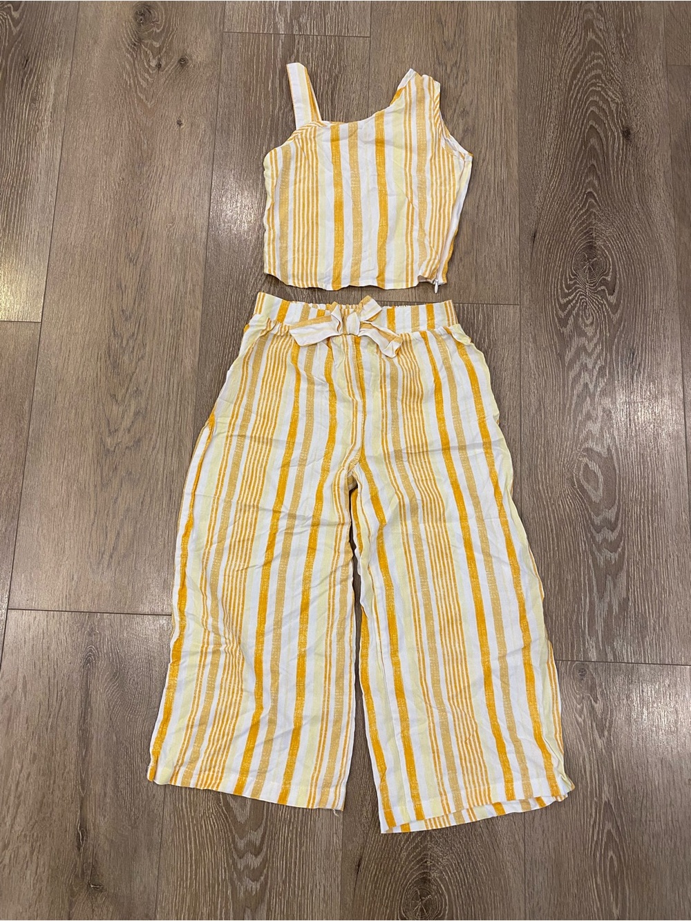 btween Striped Yellow & White Crop Top and Wide Leg Pants Set